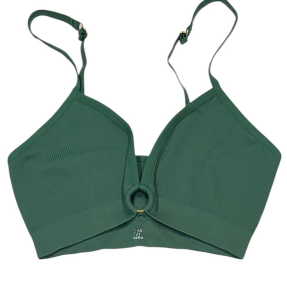 NWOT AERIE Gold Buckle Ring Cut Out Bra Ribbed Plunge Bralette Kelly Green Large